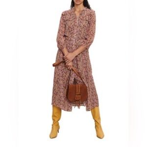 B&SH Maggie Ruffled Floral Print Crepon Midi Dress Pink Lined Size Small